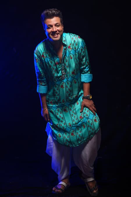 Punit Balana_Blue Satin Silk Floral Motifs Print Kurta Set _Online_at_Aza_Fashions