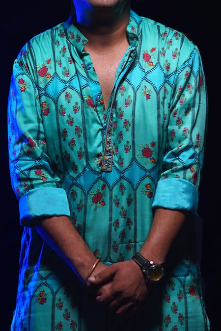 Buy_Punit Balana_Blue Satin Silk Floral Motifs Print Kurta Set _Online_at_Aza_Fashions