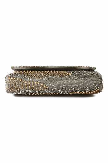 The Purple Sack_Grey Embroidery, Beads Galaxy Clutch With Sling _at_Aza_Fashions
