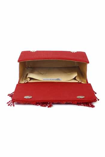 The Purple Sack_Red Embroidery, Beads, Sequins Riwaayat Clutch With Sling _at_Aza_Fashions