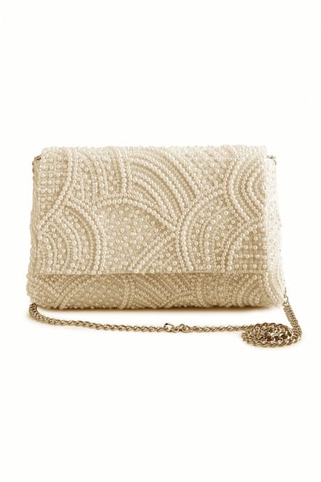 The Purple Sack White Embroidery Pearl Clutch With Sling