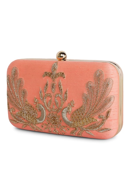 The Purple Sack_Peach Embroidery Peacock Clutch With Sling _Online_at_Aza_Fashions