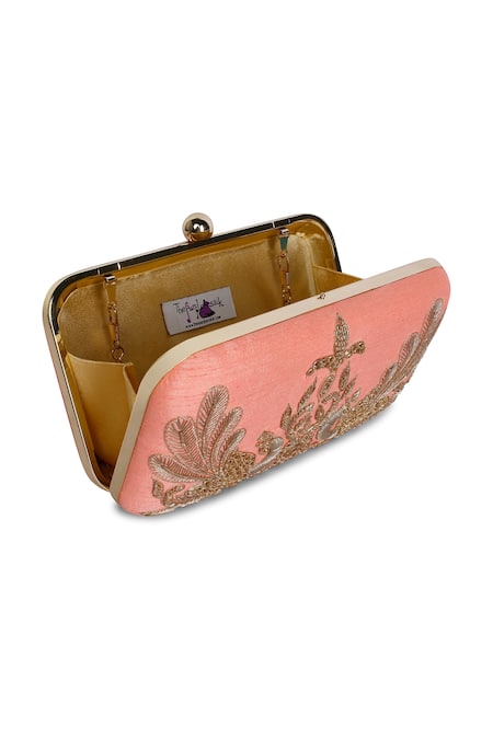 Shop_The Purple Sack_Peach Embroidery Peacock Clutch With Sling _Online_at_Aza_Fashions