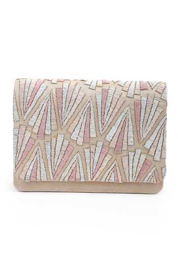 The Purple Sack_Beige Embroidery Raw Silk Clutch With Sling _Online_at_Aza_Fashions