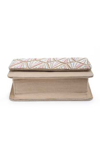 The Purple Sack_Beige Embroidery Raw Silk Clutch With Sling _at_Aza_Fashions