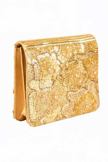The Purple Sack_Gold Embroidery, Sequins Floral Clutch With Sling _Online_at_Aza_Fashions