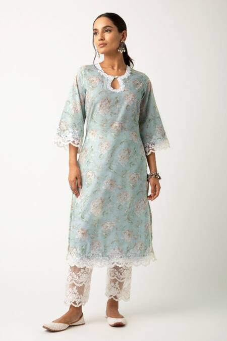Roze_Blue Cotton Floral Print, Lace Work Round Gulmina Kurta Set _Online_at_Aza_Fashions