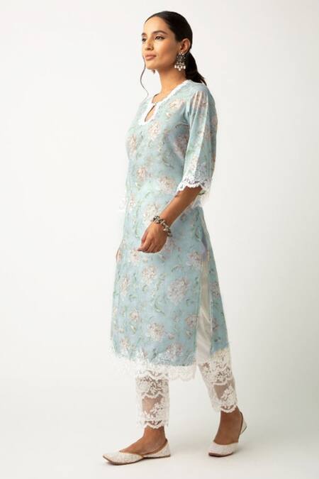 Buy_Roze_Blue Cotton Floral Print, Lace Work Round Gulmina Kurta Set _Online_at_Aza_Fashions