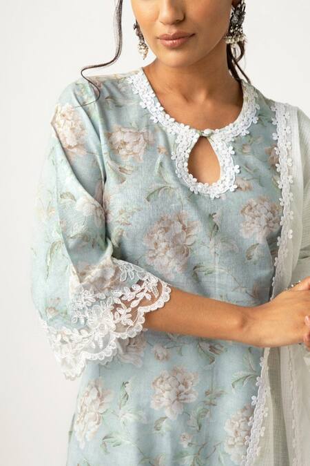Shop_Roze_Blue Cotton Floral Print, Lace Work Round Gulmina Kurta Set _Online_at_Aza_Fashions