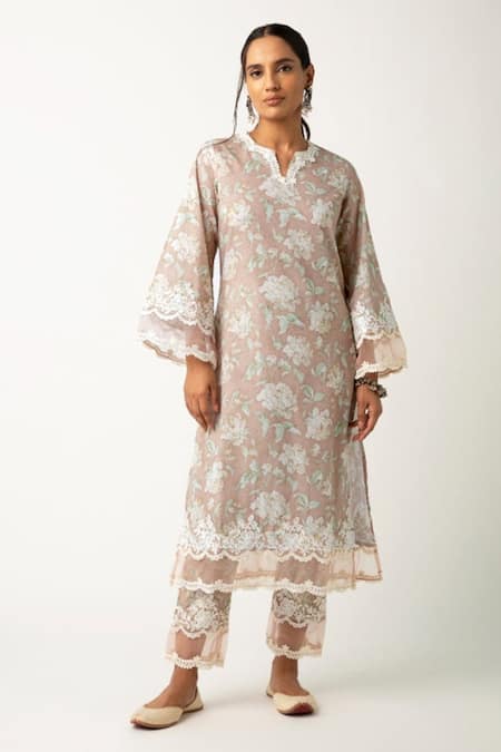 Roze_Brown Cotton Floral Print, Lace Work Round Notched Orin Kurta Set _Online_at_Aza_Fashions