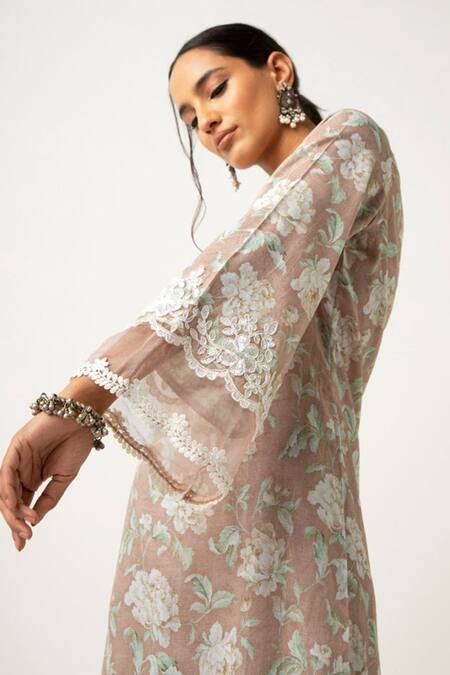 Buy_Roze_Brown Cotton Floral Print, Lace Work Round Notched Orin Kurta Set _Online_at_Aza_Fashions