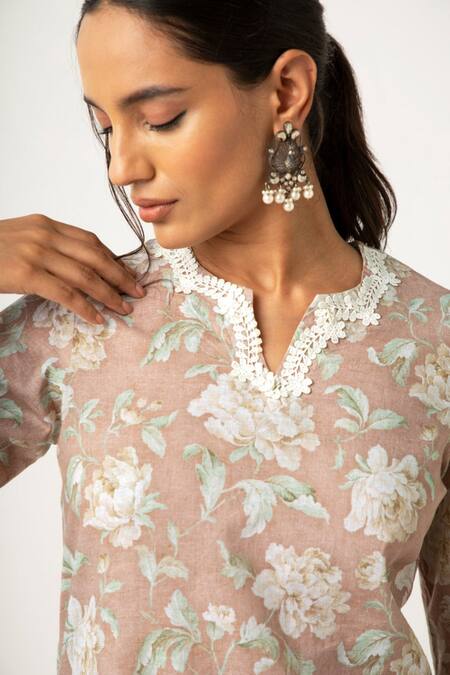 Shop_Roze_Brown Cotton Floral Print, Lace Work Round Notched Orin Kurta Set _Online_at_Aza_Fashions