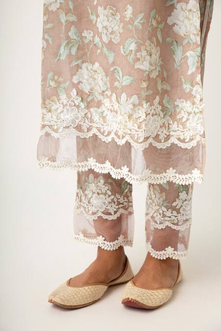 Roze_Brown Cotton Floral Print, Lace Work Round Notched Orin Kurta Set _at_Aza_Fashions