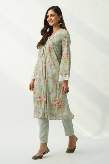 Buy_Roze_Green 100% Velvet Floral Print V Neck Fiza Kurta_Online_at_Aza_Fashions