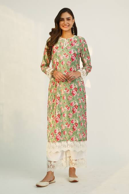Roze_Green Velvet Floral Print, Lace Work Round Hayat Kurta And Pant Set_Online_at_Aza_Fashions