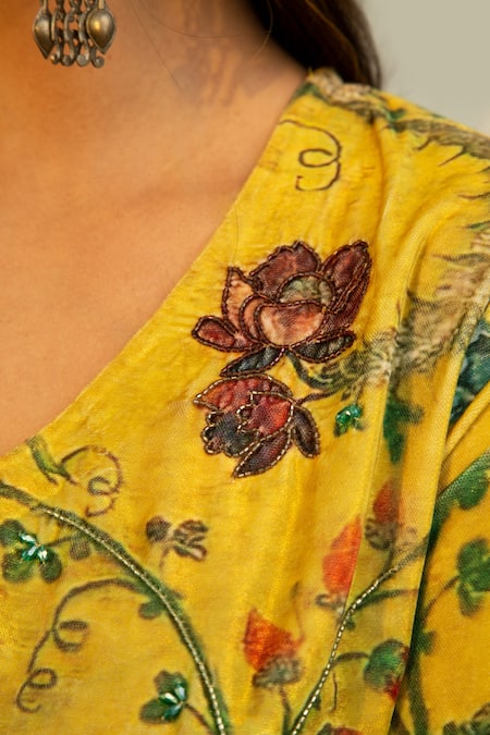 Shop_Roze_Yellow Velvet Cutdana Work, Floral Print V Neck Sehrish Kurta And Palazzo Set _Online_at_Aza_Fashions