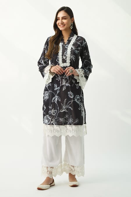 Roze Black Velvet Printed Floral V Neck Parsia Kurta And Palazzo Set 