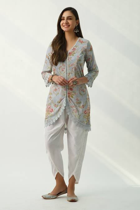 Roze_Blue Velvet Floral Print, Lace Work V Neck Omaira Kurta And Tulip Pant Set_Online_at_Aza_Fashions