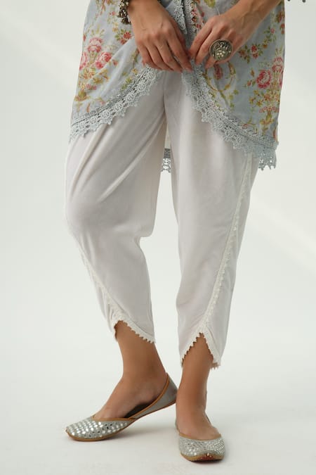 Roze_Blue Velvet Floral Print, Lace Work V Neck Omaira Kurta And Tulip Pant Set_at_Aza_Fashions