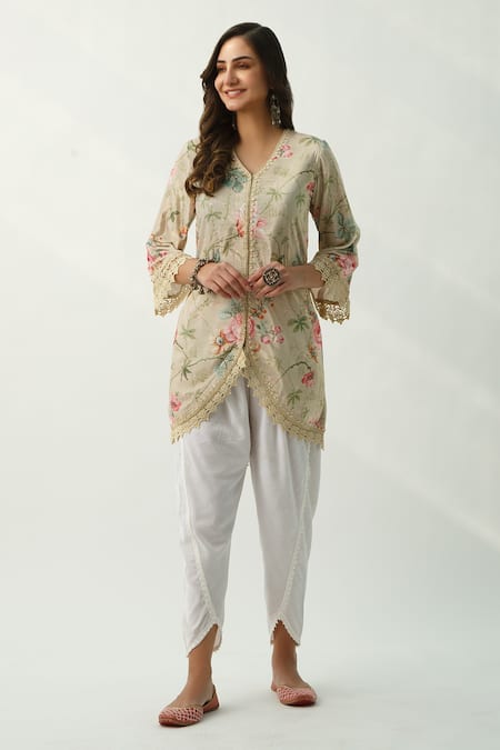 Dusty beige cutwork embroidery kurta and off white tulip pants - set of two  by Keva | The Secret Label