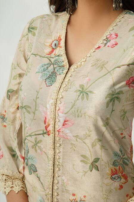 Shop_Roze_Beige Velvet Floral Print, Lace Work V Neck Omaira Kurta And Tulip Pant Set_Online_at_Aza_Fashions