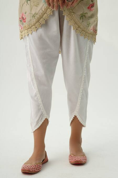 Roze_Beige Velvet Floral Print, Lace Work V Neck Omaira Kurta And Tulip Pant Set_at_Aza_Fashions