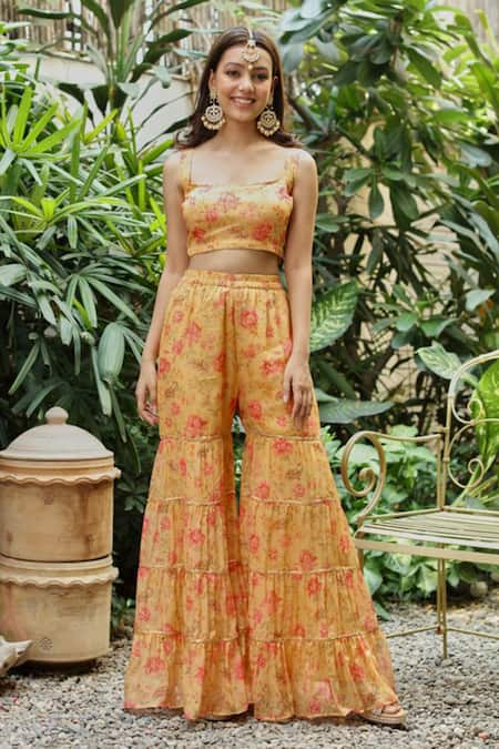 Roze_Yellow Organza Floral Print, Lace Work Round Sana Sharara Set _Online_at_Aza_Fashions