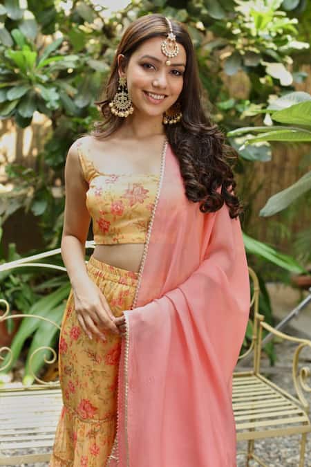 Buy_Roze_Yellow Organza Floral Print, Lace Work Round Sana Sharara Set _Online_at_Aza_Fashions