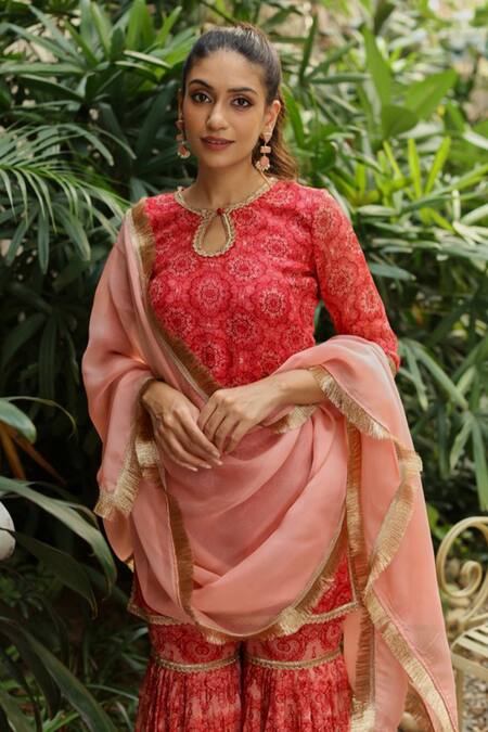 Buy_Roze_Red Organza Floral Print, Lace Work Round Idika Sharara Set_Online_at_Aza_Fashions