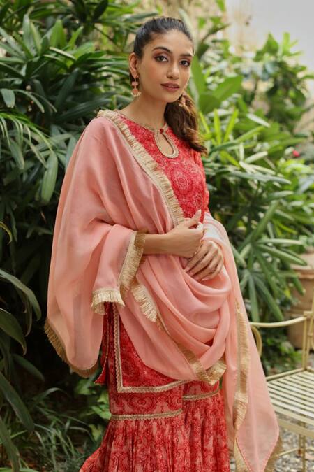 Shop_Roze_Red Organza Floral Print, Lace Work Round Idika Sharara Set_Online_at_Aza_Fashions