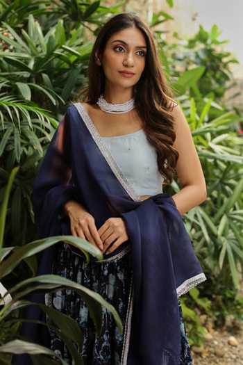 Shop Roze Blue 100% Organza Floral Print Square Neck Aina Lehenga Set Online at Aza Fashions Shop_Roze_Blue 100% Organza Floral Print Square Neck Aina Lehenga Set _Online_at_Aza_Fashions