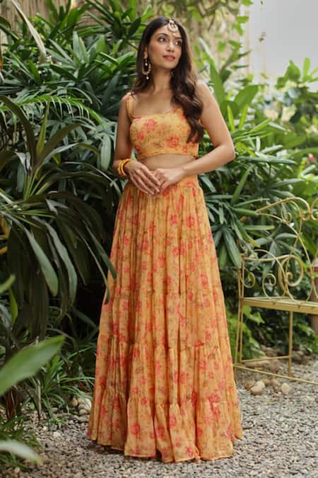Roze_Yellow Organza Floral Print, Lace Work Square Neck Kyra Lehenga Set _Online_at_Aza_Fashions