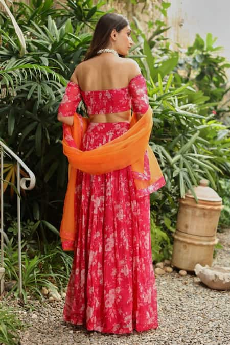 Shop Roze Pink Organza Floral Print One Shoulder Rabhya Lehenga Set at Aza Fashions Shop_Roze_Pink Organza Floral Print One Shoulder Rabhya Lehenga Set _at_Aza_Fashions