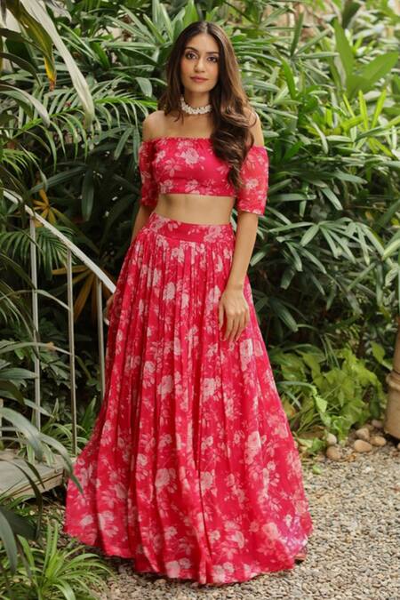 Buy Roze Pink Organza Floral Print One Shoulder Rabhya Lehenga Set Online at Aza Fashions Buy_Roze_Pink Organza Floral Print One Shoulder Rabhya Lehenga Set _Online_at_Aza_Fashions