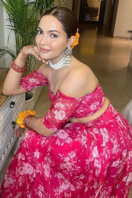 Shop_Roze_Pink Organza Floral Print One Shoulder Rabhya Lehenga Set _Online_at_Aza_Fashions