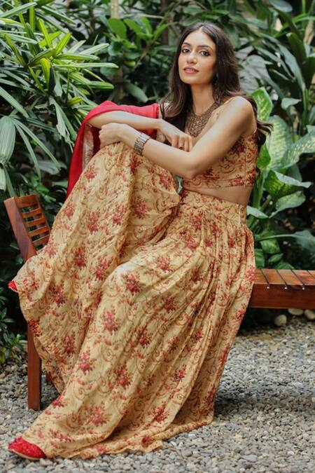 Roze_Beige Organza Floral Print Round Imli Lehenga Set_Online_at_Aza_Fashions