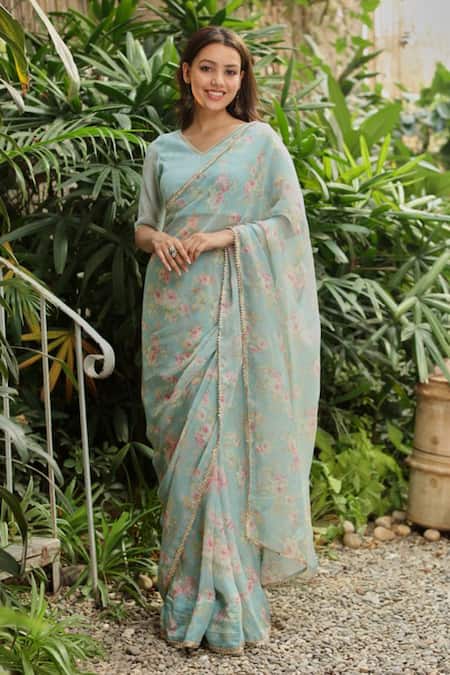 Roze Blue Organza Printed Floral V Neck Ira Saree With Blouse 