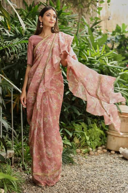 Cupid Pink Floral Printed Satin Silk Saree – MySilkLove