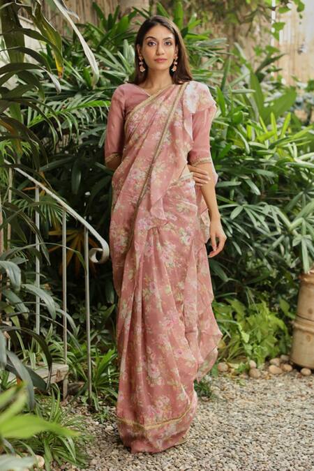 Roze Pink 100% Organza Floral Print V Neck Ananda Saree With Blouse Online at Aza Fashions Roze_Pink 100% Organza Floral Print V Neck Ananda Saree With Blouse_Online_at_Aza_Fashions