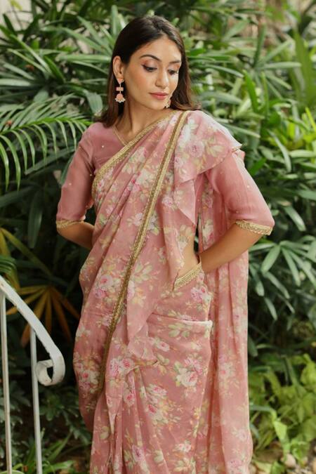 Buy Roze Pink 100% Organza Floral Print V Neck Ananda Saree With Blouse Online at Aza Fashions Buy_Roze_Pink 100% Organza Floral Print V Neck Ananda Saree With Blouse_Online_at_Aza_Fashions