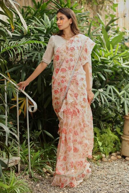 Roze Pink 100% Organza Floral Print V Neck Amishi Saree With Blouse Online at Aza Fashions Roze_Pink 100% Organza Floral Print V Neck Amishi Saree With Blouse_Online_at_Aza_Fashions