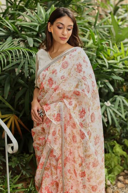 Buy Roze Pink 100% Organza Floral Print V Neck Amishi Saree With Blouse Online at Aza Fashions Buy_Roze_Pink 100% Organza Floral Print V Neck Amishi Saree With Blouse_Online_at_Aza_Fashions