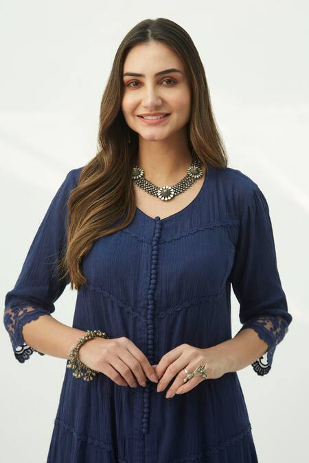 Buy_Roze_Blue Crinkle Cotton Lace Work Round Mahjabeen Kurta _Online_at_Aza_Fashions