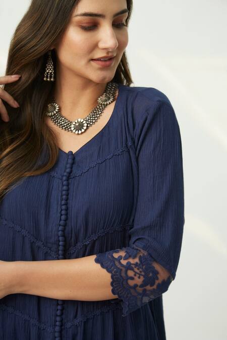 Shop_Roze_Blue Crinkle Cotton Lace Work Round Mahjabeen Kurta _Online_at_Aza_Fashions