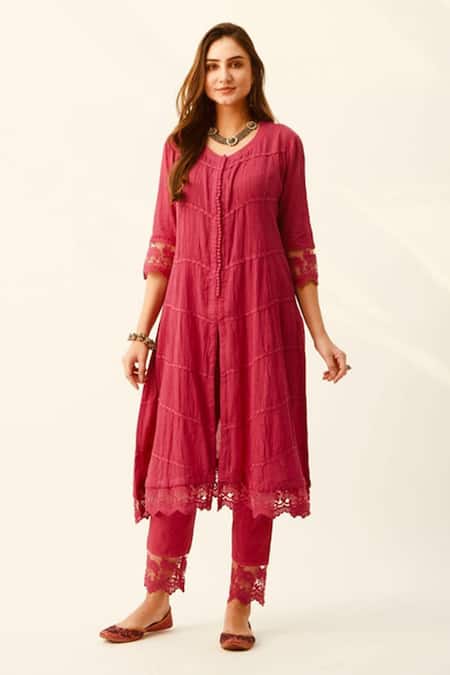 Buy Roze Red Crinkle Cotton Lace Work Round Mahjabeen Kurta Set Online at Aza Fashions Buy_Roze_Red Crinkle Cotton Lace Work Round Mahjabeen Kurta Set _Online_at_Aza_Fashions