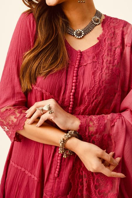 Shop Roze Red Crinkle Cotton Lace Work Round Mahjabeen Kurta Set Online at Aza Fashions Shop_Roze_Red Crinkle Cotton Lace Work Round Mahjabeen Kurta Set _Online_at_Aza_Fashions
