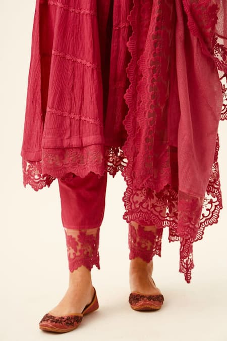 Roze Red Crinkle Cotton Lace Work Round Mahjabeen Kurta Set at Aza Fashions Roze_Red Crinkle Cotton Lace Work Round Mahjabeen Kurta Set _at_Aza_Fashions