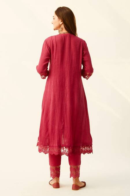 Shop_Roze_Red Crinkle Cotton Embroidered Lace Work Round Mahjabeen Kurta _at_Aza_Fashions