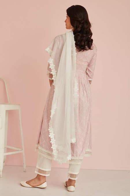 Shop_Roze_White 100% Cotton Floral Print V Neck Amaira Anarkali Pant Set _at_Aza_Fashions