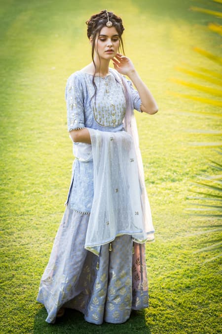 Aaryaa By Kashveen Kohli Purple Kurta Lucknowi Georgette, Sharara Chanderi And Dupatta Soft Net Set